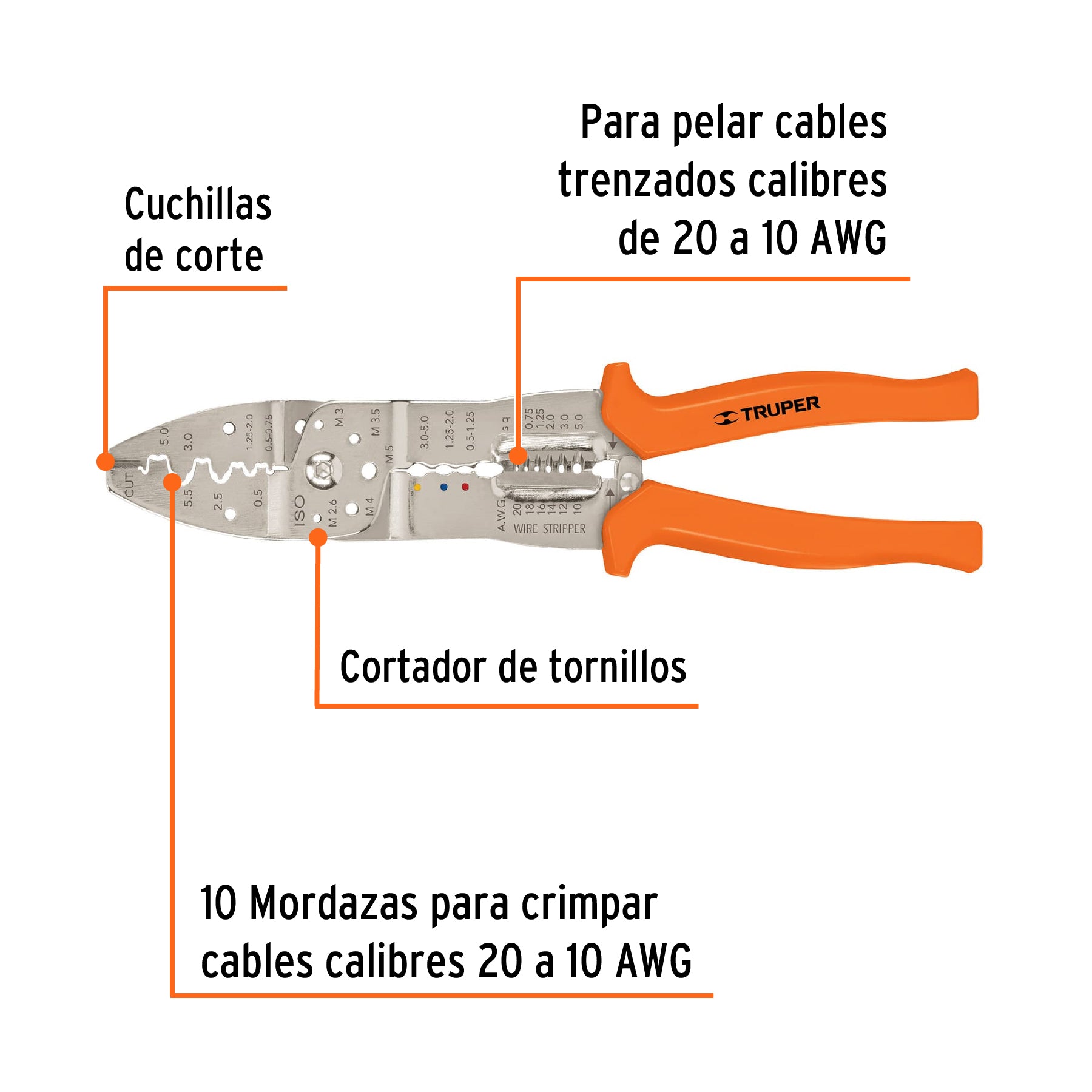 Alicate 10" pela cables 20 a 10 AWG, Truper - 17358