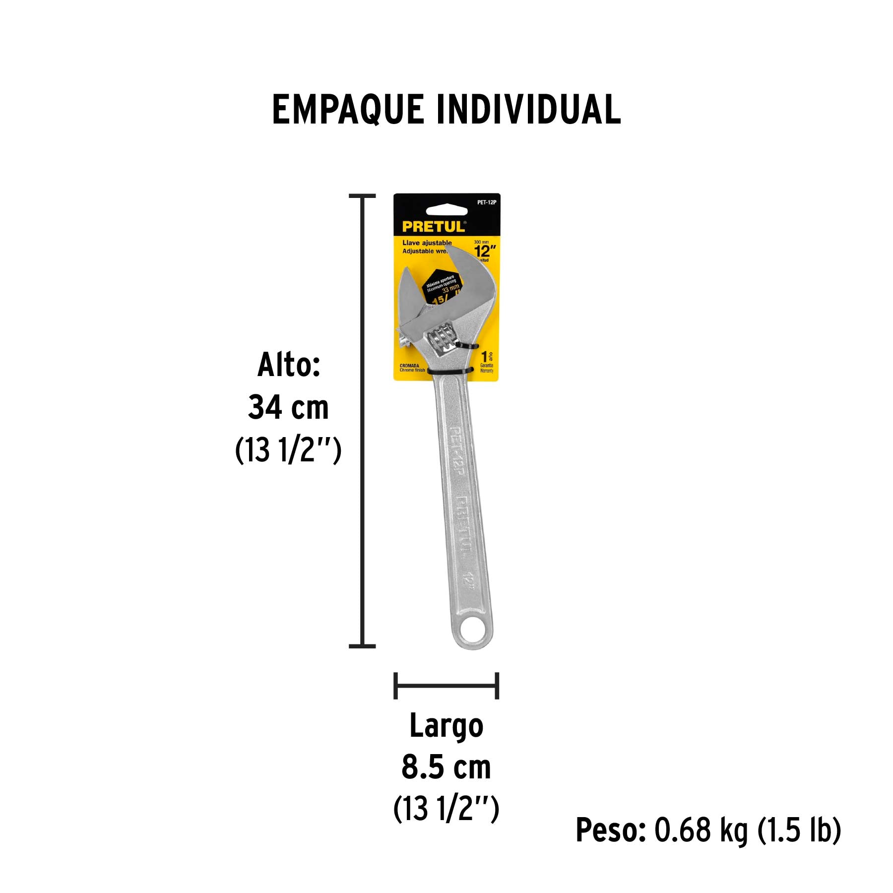Llave ajustable (perico) 12" cromada, Pretul - 21817