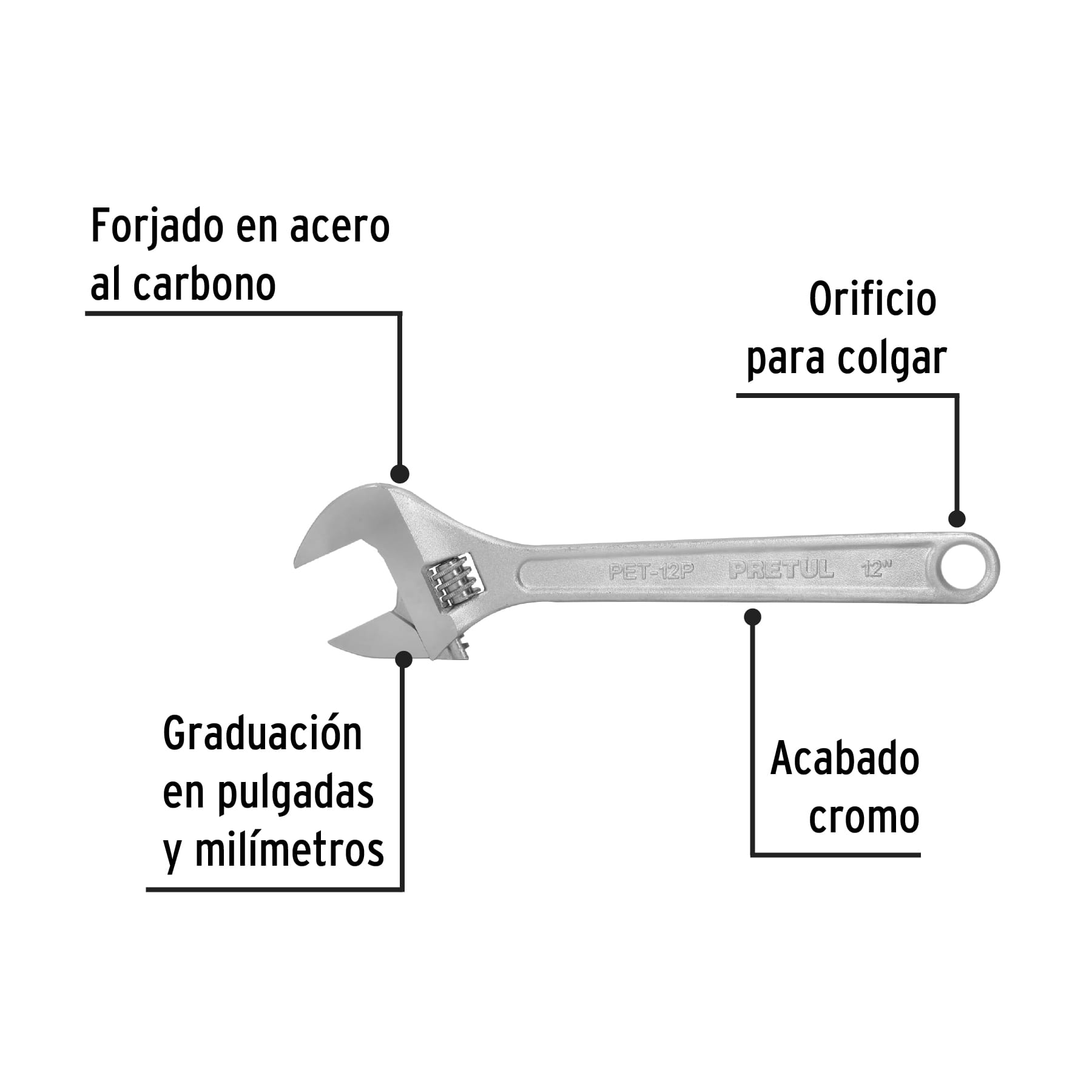 Llave ajustable (perico) 12" cromada, Pretul - 21817