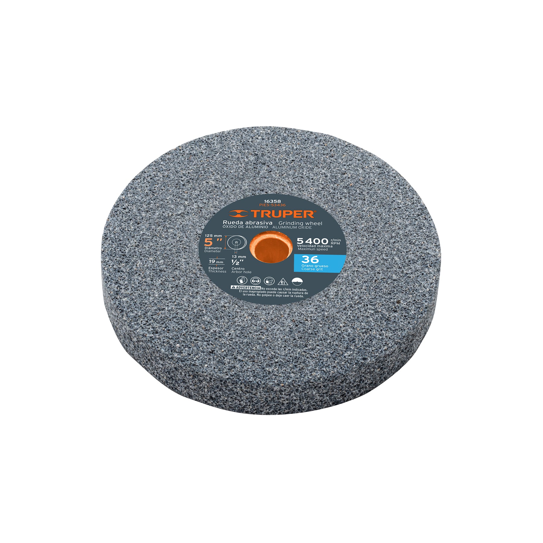 Rueda abrasiva p/esmeril 5"x19mm, óxido aluminio, grano 36 TRUPER - 16358