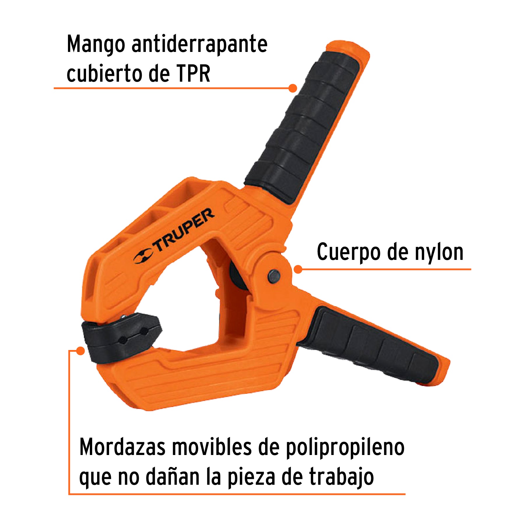 Prensa de resorte de 4", cuerpo de nylon con mango de TPR, Truper - 17700