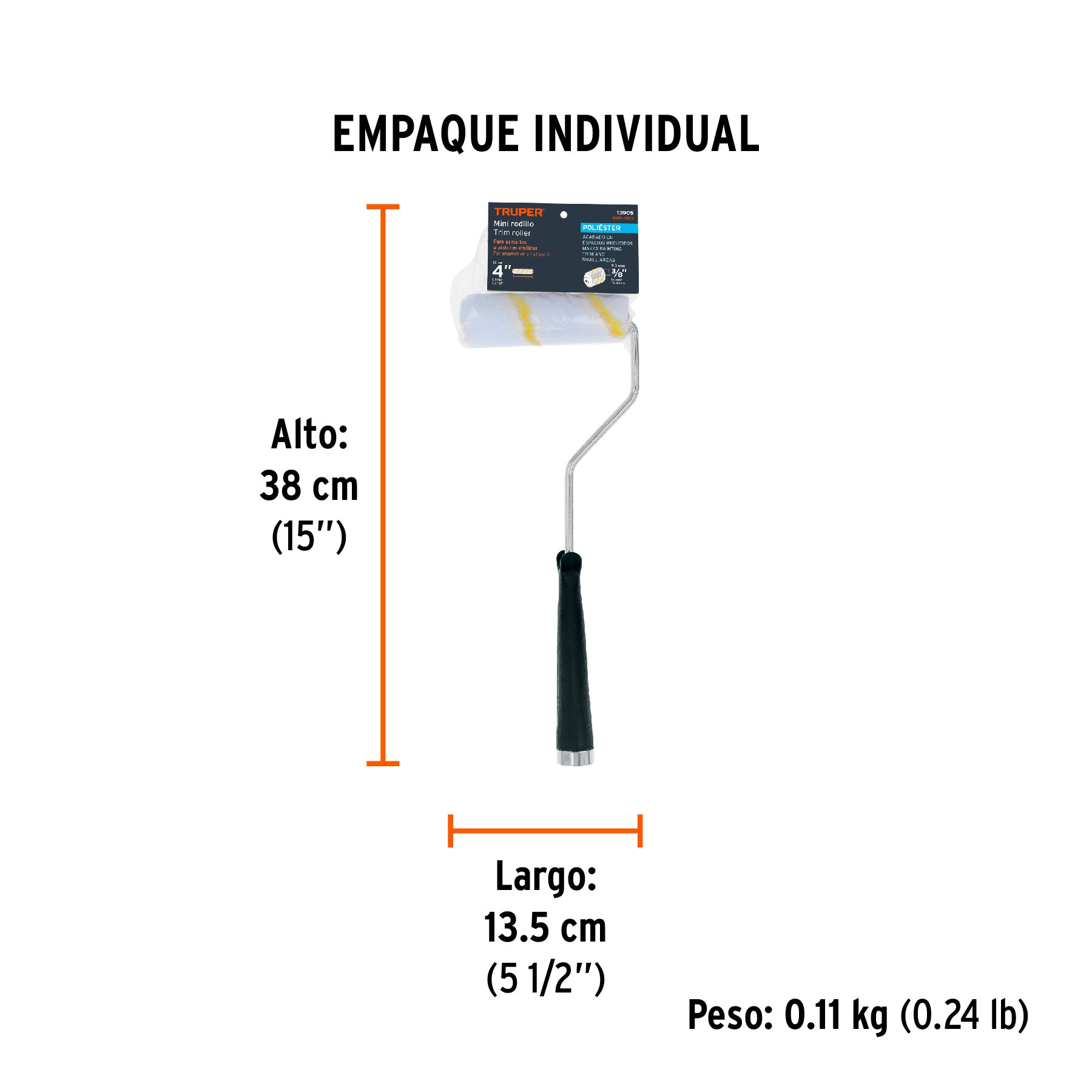 Mini rodillo para pintar 4" x 3/8" de poliéster, Truper - 13905