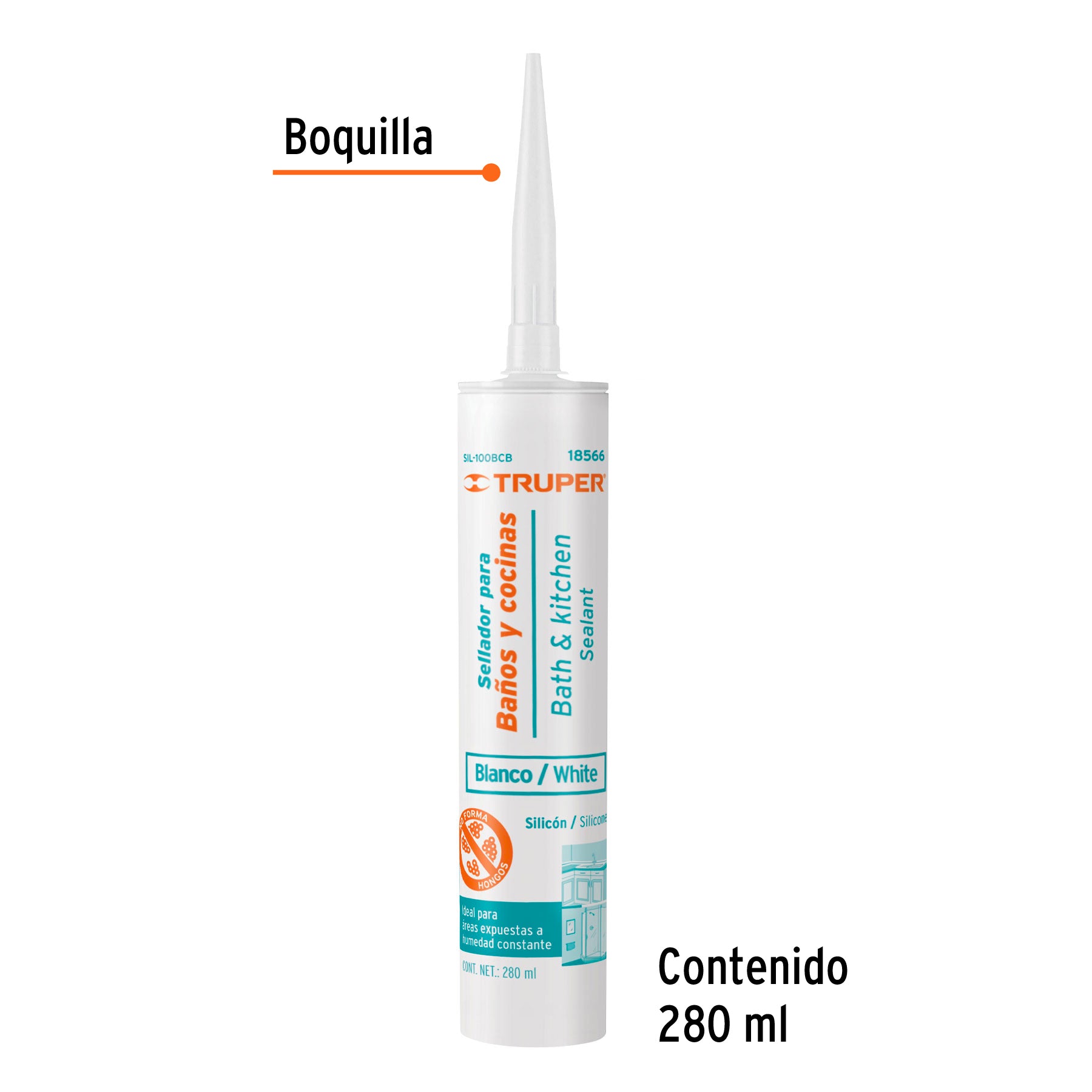 Silicona blanca para baños y cocinas, 250 ml, Truper - 18566