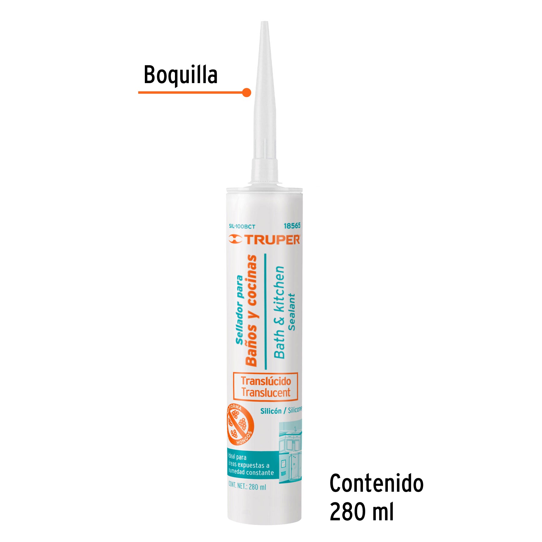 Silicona translúcida para baños y cocinas, 250 ml, Truper - 18565