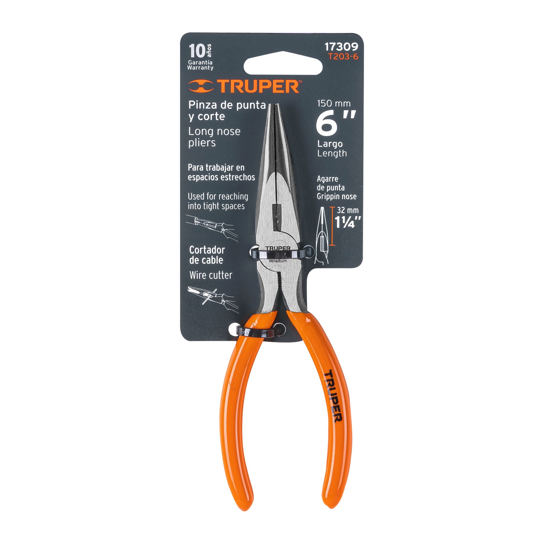 Alicate de punta y corte 6" mango de PVC, Truper - 17309