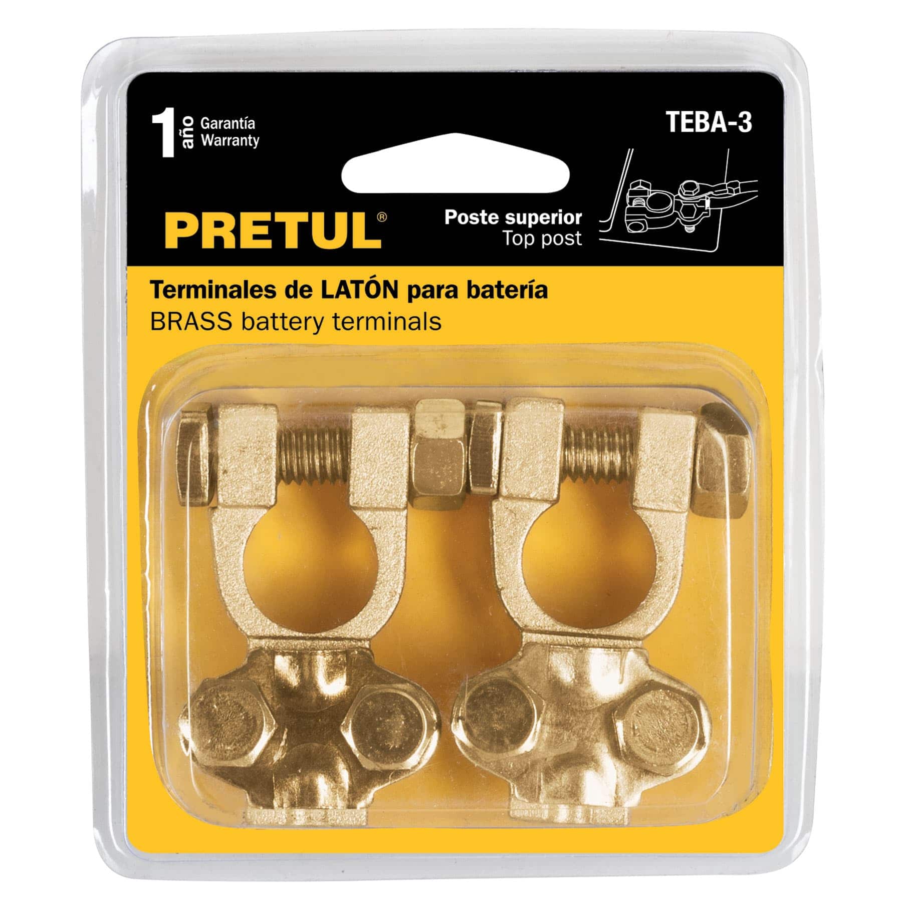 Blíster 2 terminales p/batería, latón poste superior, Pretul - 23042