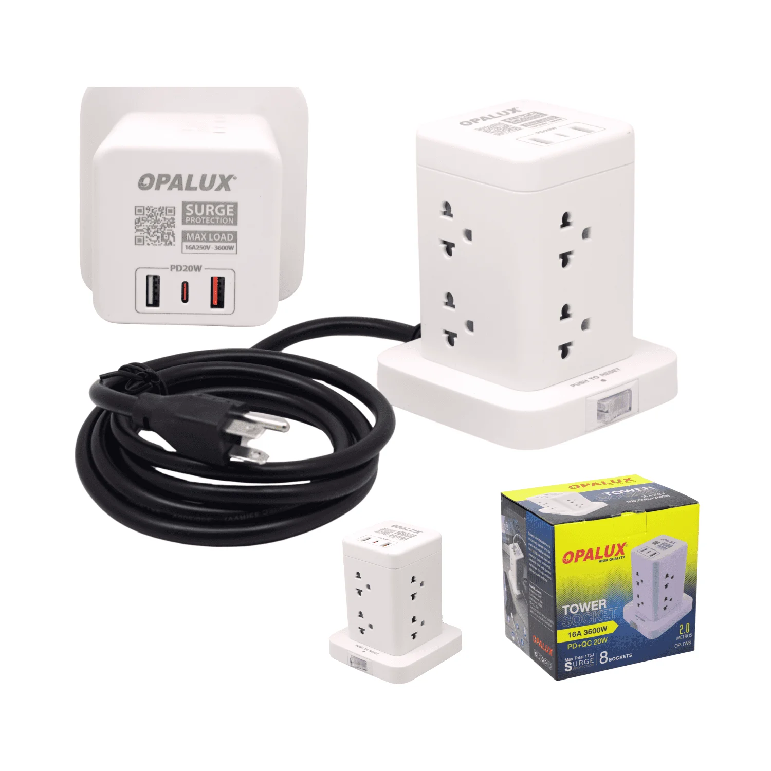 Adaptador tipo Torre de 8 tomas 2 Usb Tipo A + Tipo C Opalux OP-TW8
