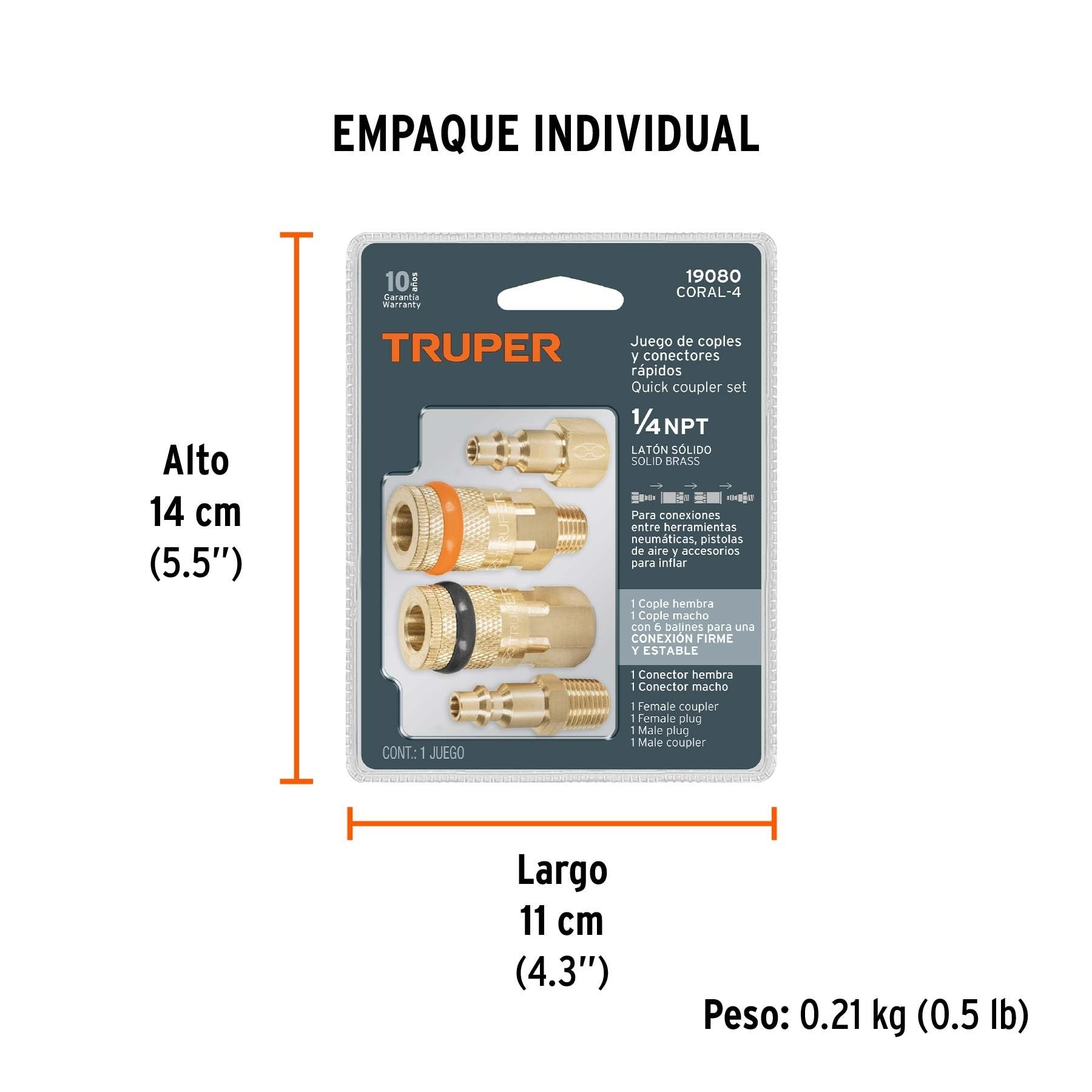 Juego de 2 conectores rápidos y 2 coples, de latón, TRUPER 19080