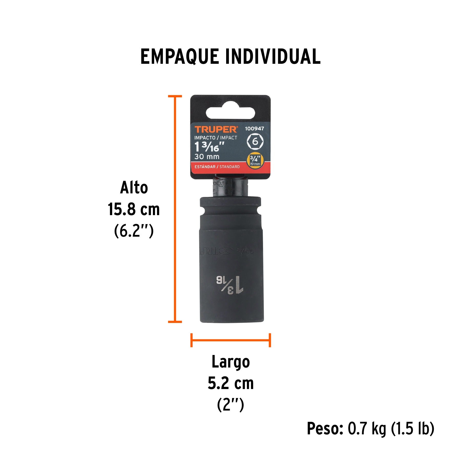 Dado largo de impacto de 1-3/16", 6 puntas, cuadro 3/4" TRUPER 100947