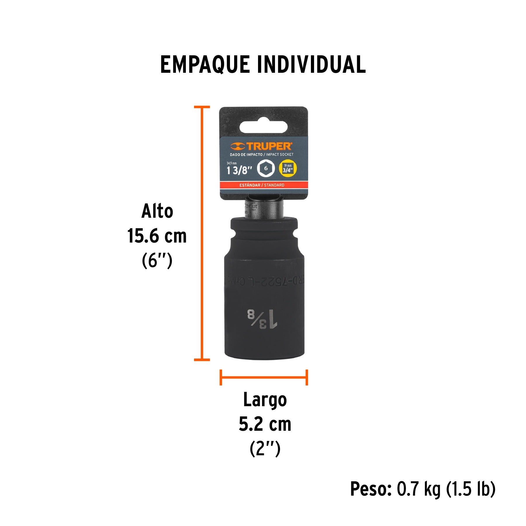 Dado largo de impacto de 1-3/8", 6 puntas, cuadro 3/4" TRUPER 12440