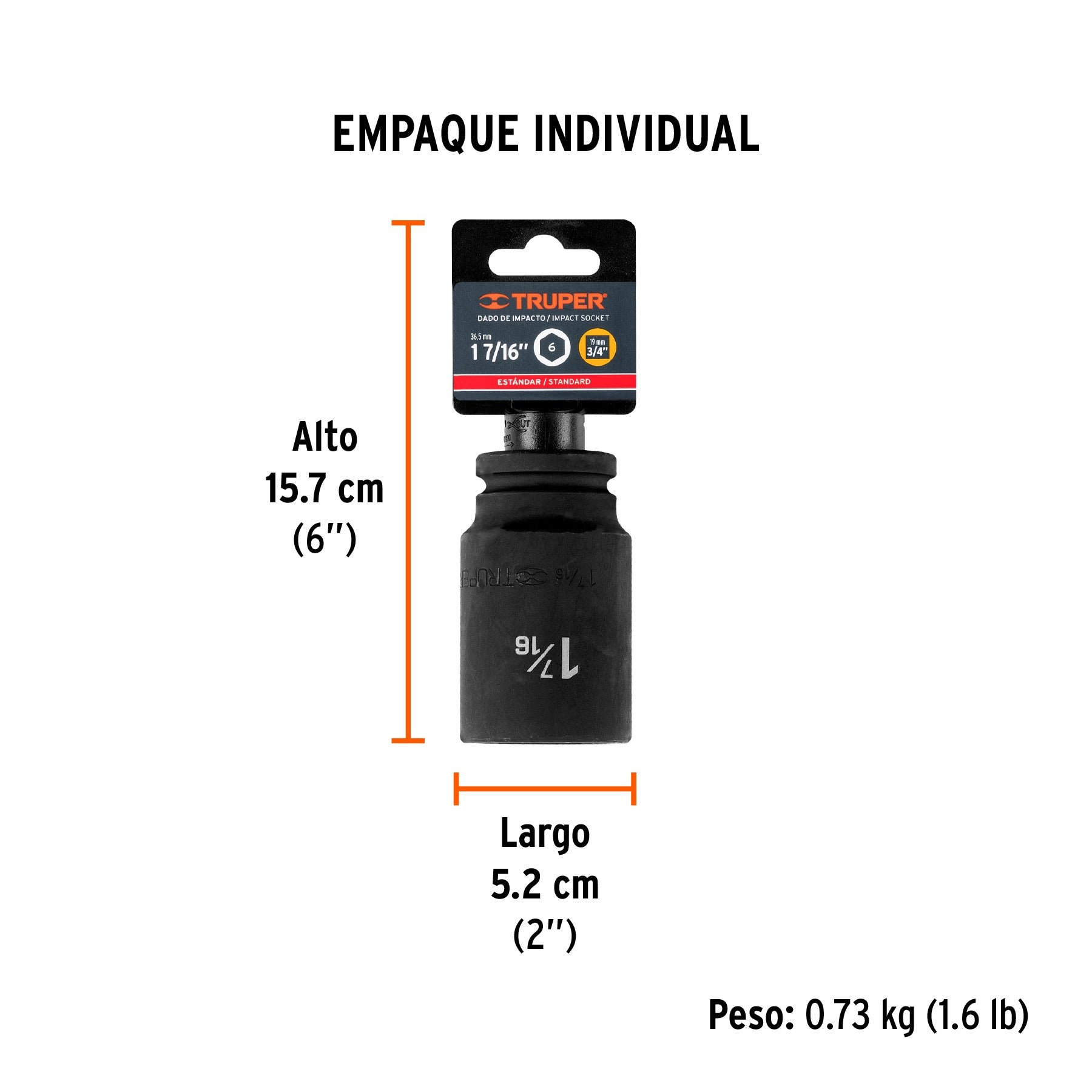 Dado largo de impacto de 1-7/16", 6 puntas, cuadro 3/4" 12441
