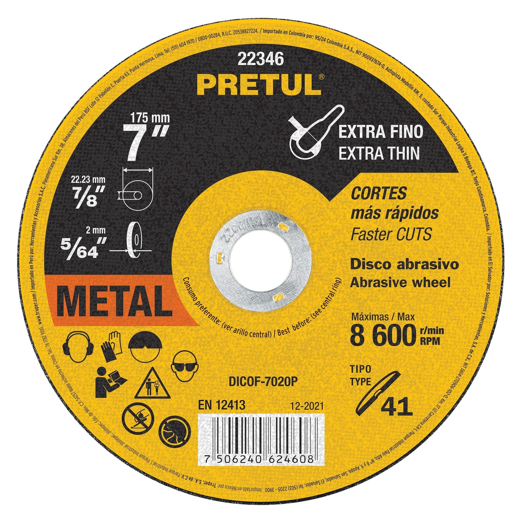 Disco Tipo 41 de 7" x 2 mm corte fino de metal, Pretul - 22346