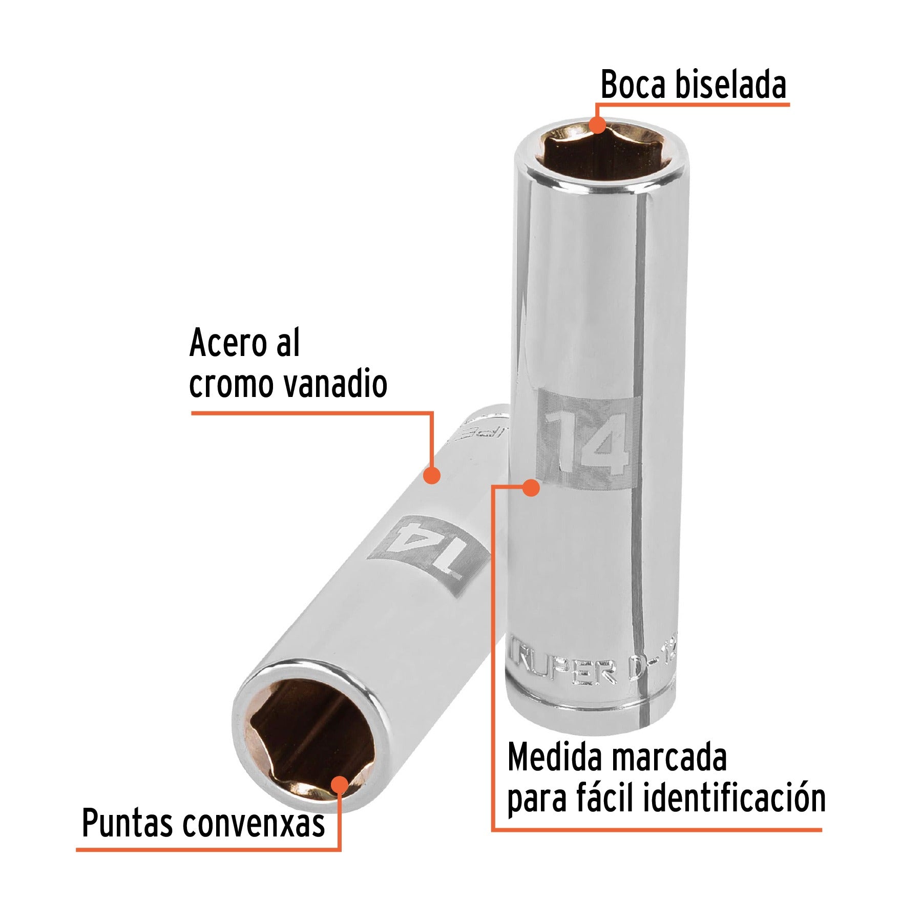 Dado largo de 14 mm, 6 puntas, cuadro 1/2", Truper