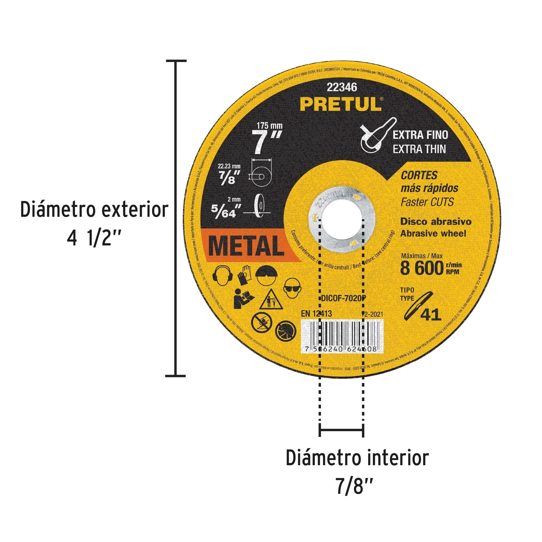 Disco Tipo 41 de 7" x 2 mm corte fino de metal, Pretul - 22346