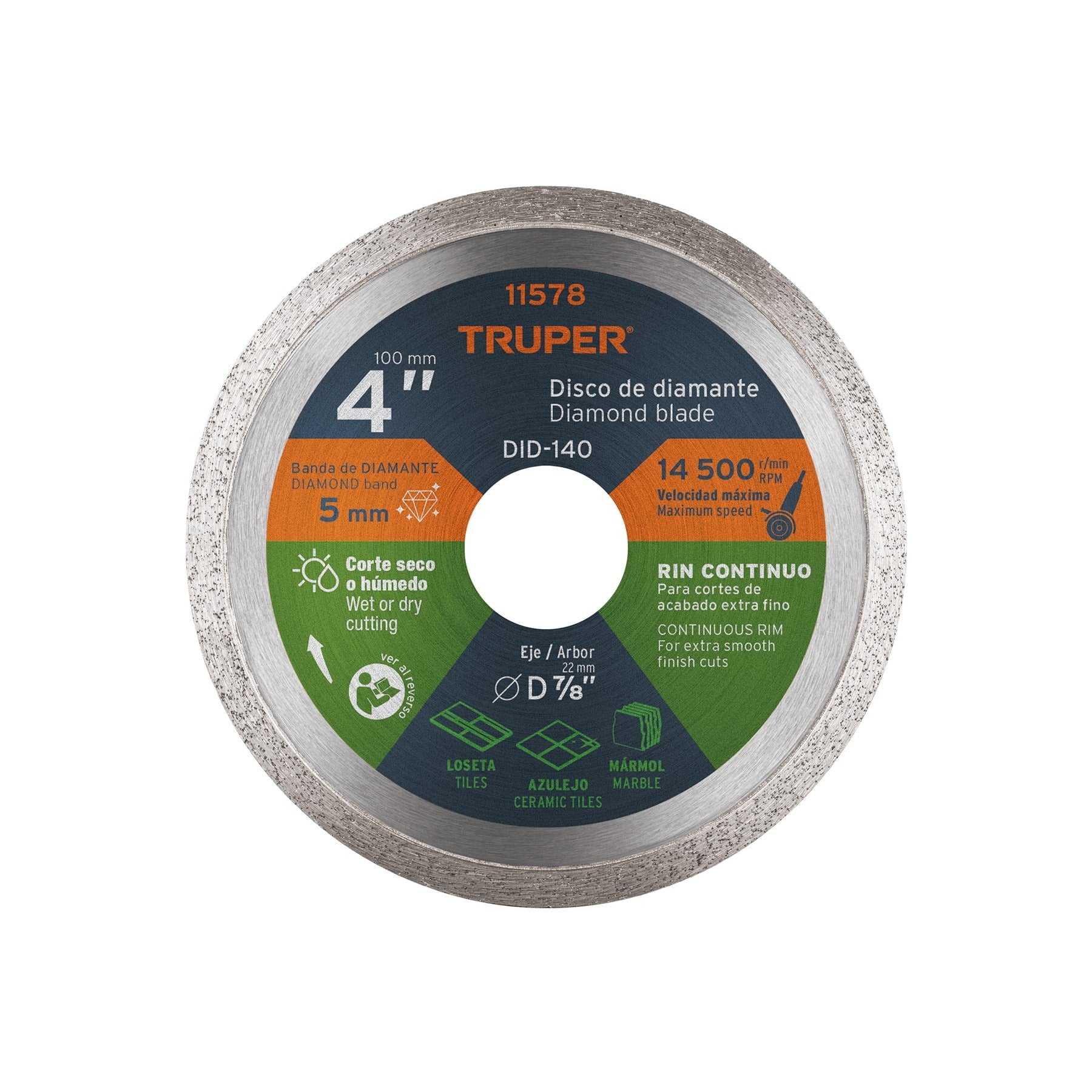 Disco de diamante de 4" x 1.6 mm, rin continuo, TRUPER 11578