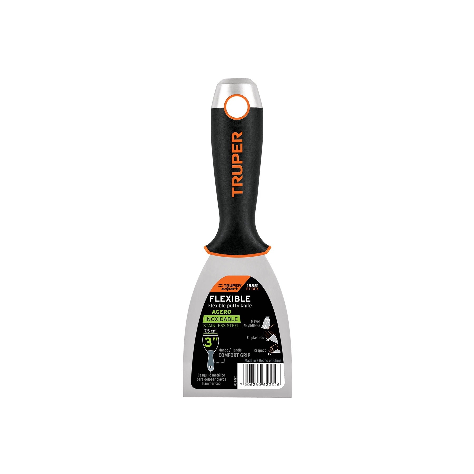 Espátula flexible 3" acero inoxidable, Comfort Grip, TRUPER - 15851