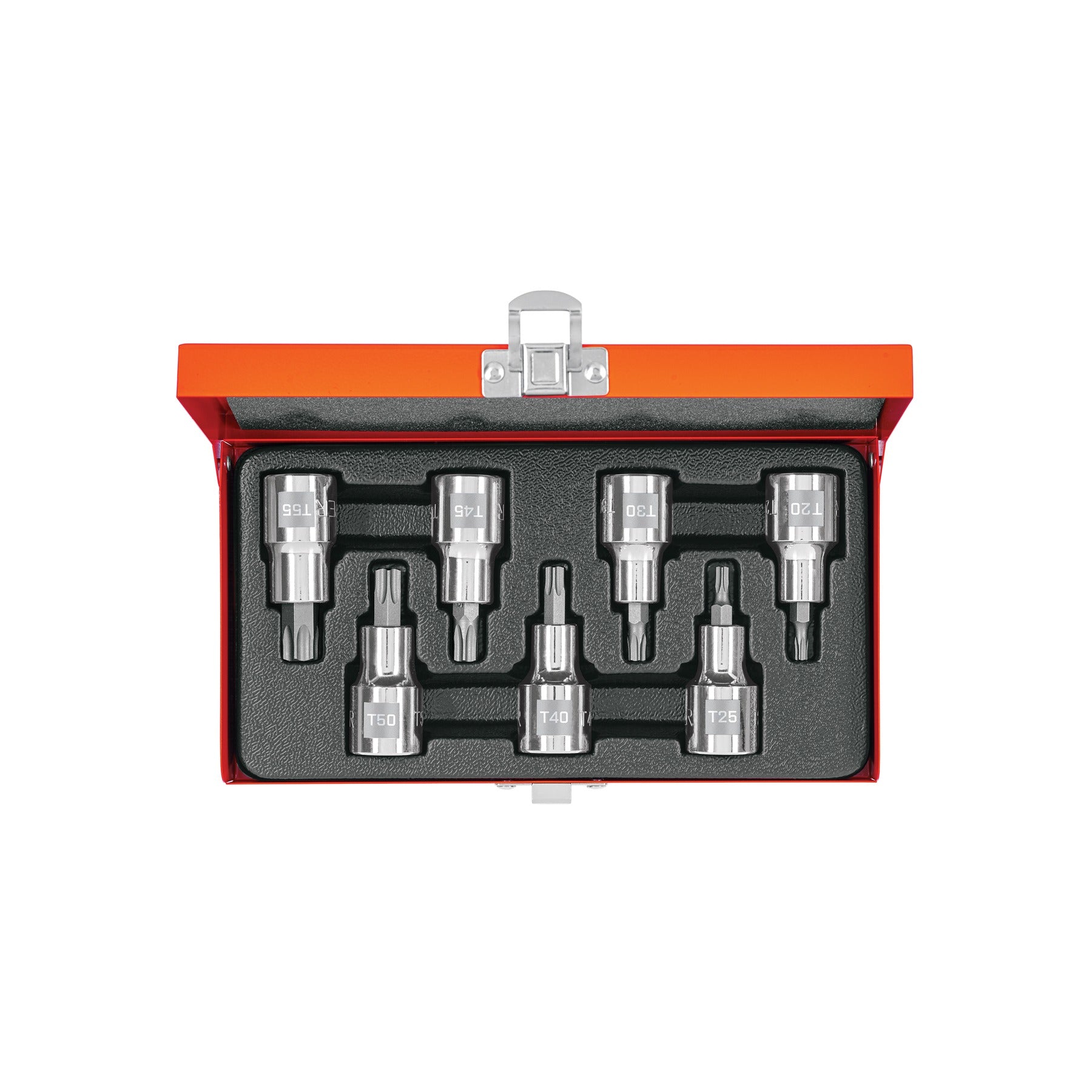 Juego de 7 dados cuadro 1/2" punta torx, estuche metálico TRUPER 13928