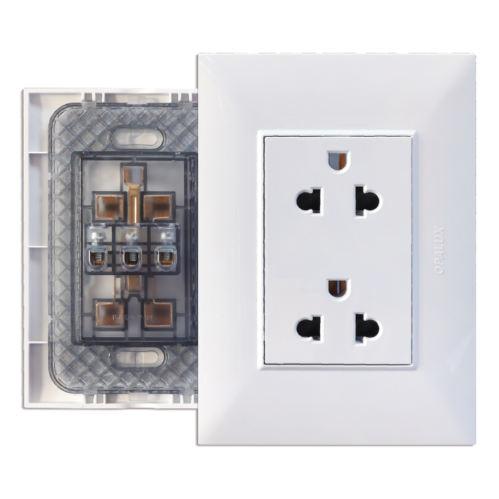 Tomacorriente Doble con Protección para empotrar “OPALUX” UNIVERSAL+TIERRA ( 2P+T) 15A, 250V - KF6208TR