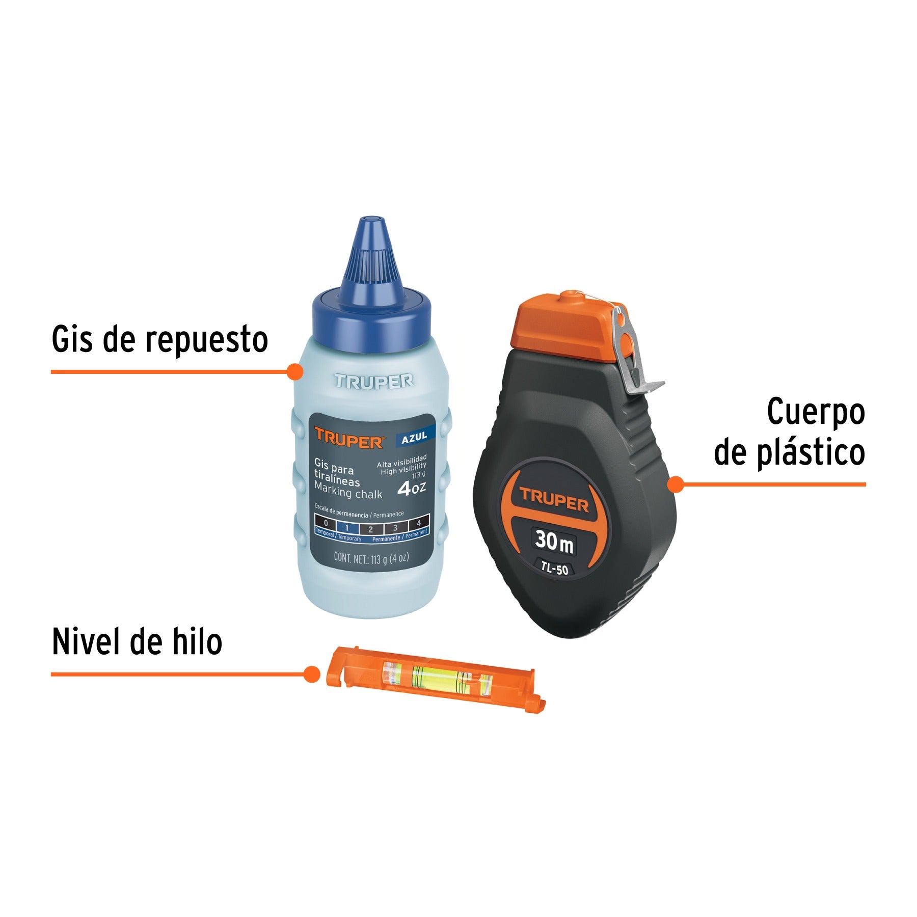 Tiralíneas plástico con gis y nivel 30 m (100 ft), Truper - 18574