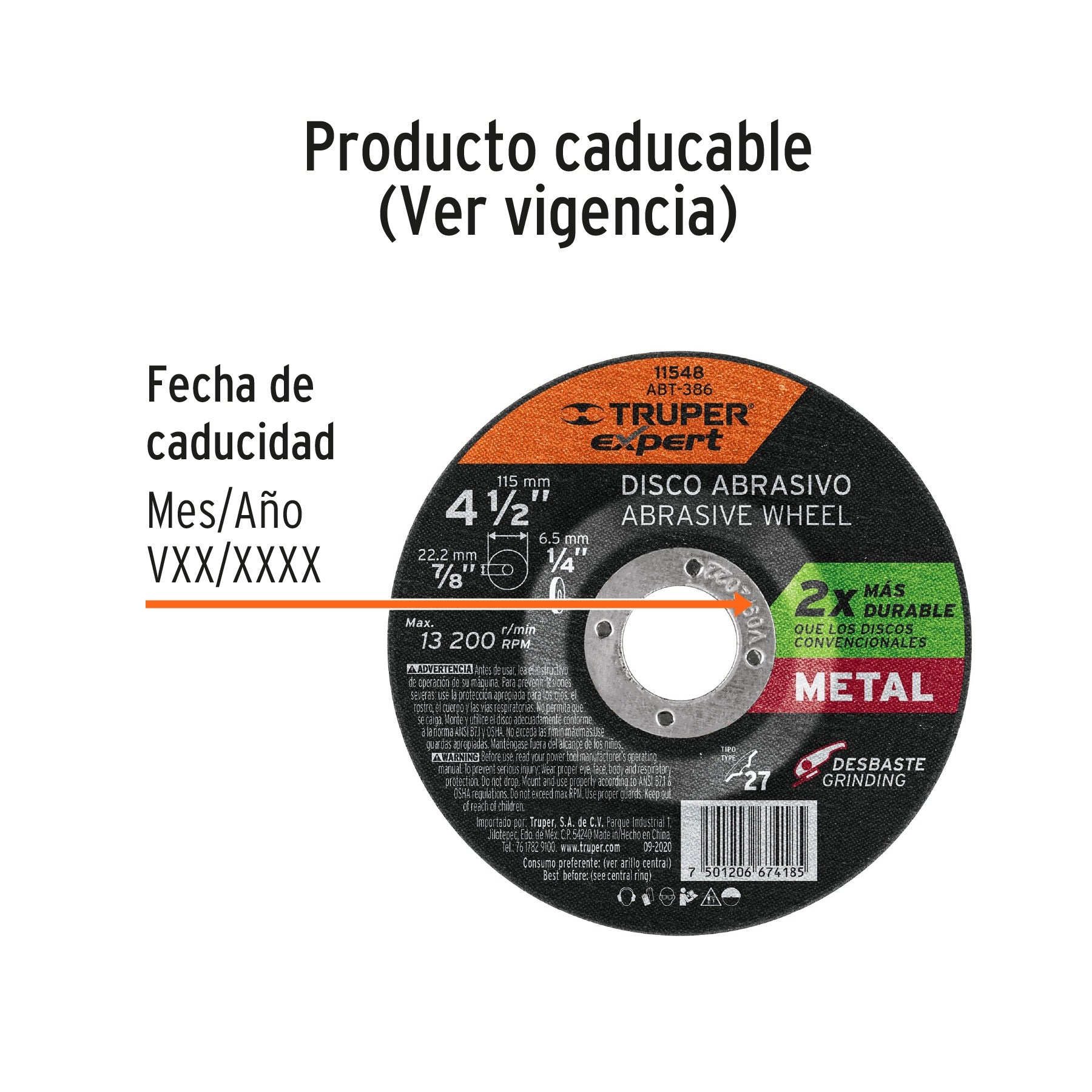 Disco Tipo 27 de 4-1/2" x 6.4 mm desbaste de metal, TRUPER - 11548