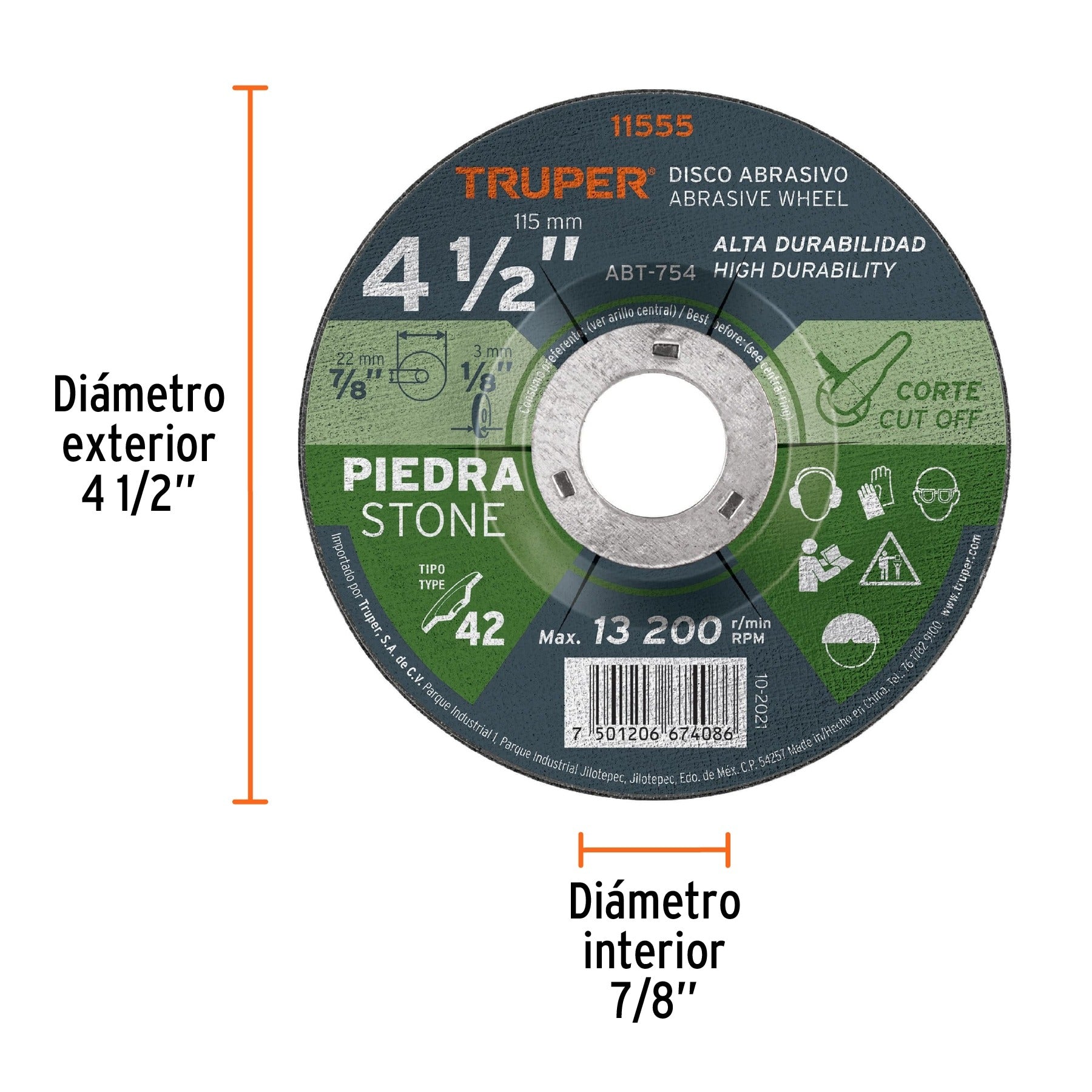 Disco Tipo 42 de 4-1/2" x 3.2 mm para corte de piedra Truper- 11555