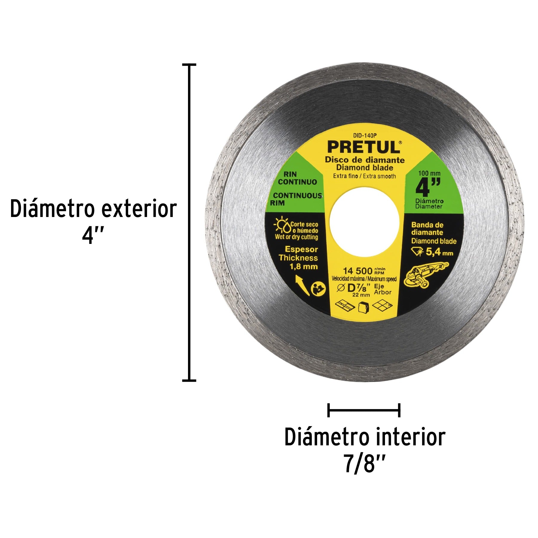 Disco de diamante de 4" x 1.8 mm, rin continuo, PRETUL 21001