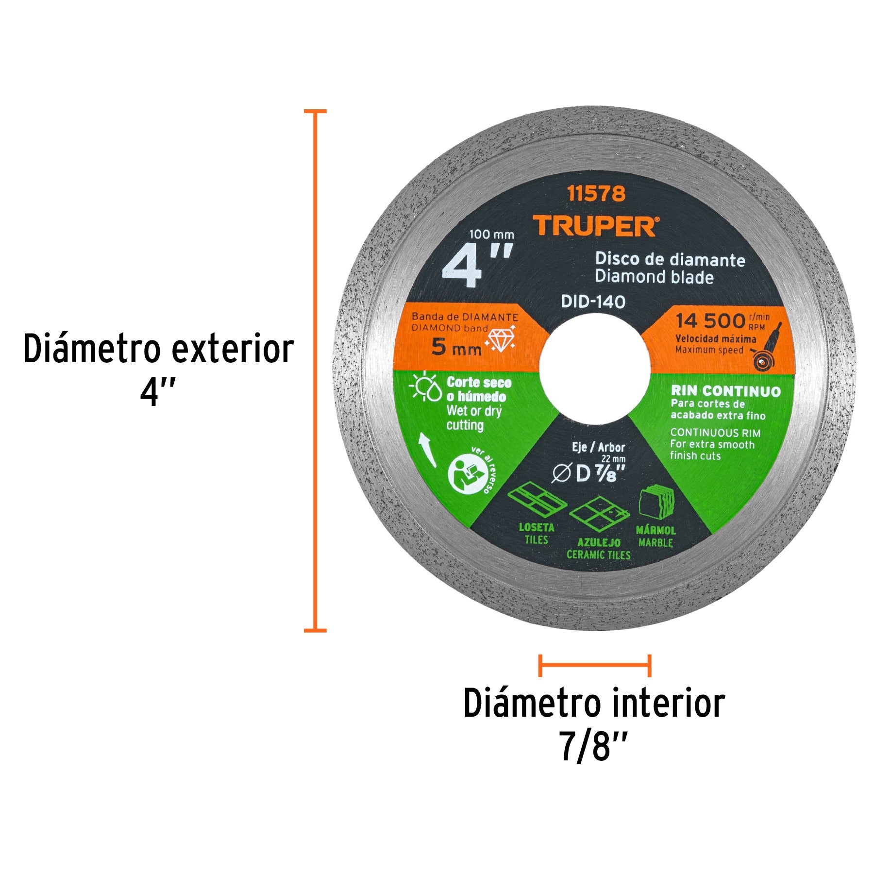 Disco de diamante de 4" x 1.6 mm, rin continuo, TRUPER 11578