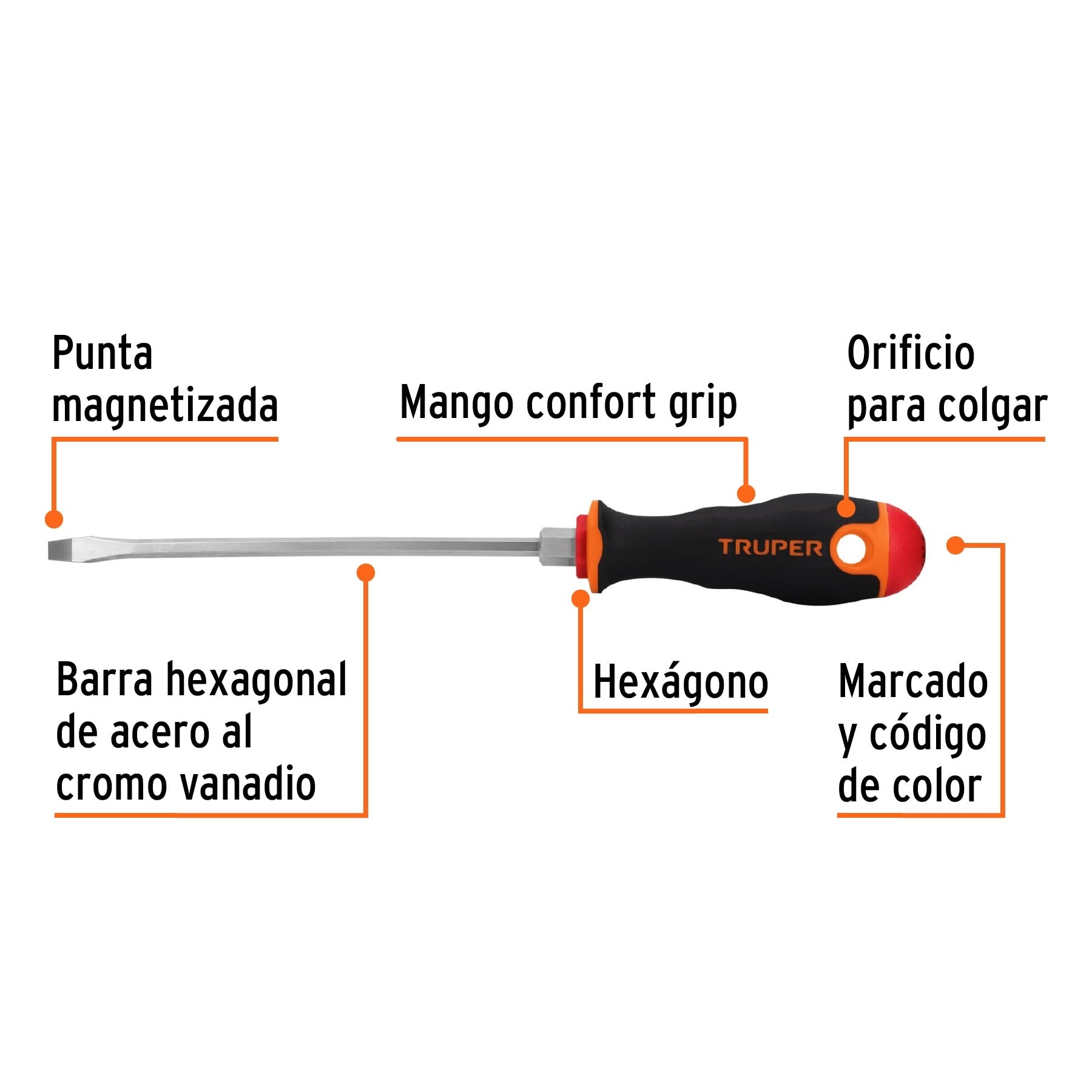 Desarmador plano 3/16" x 6" mango Comfort Grip, Truper 100832
