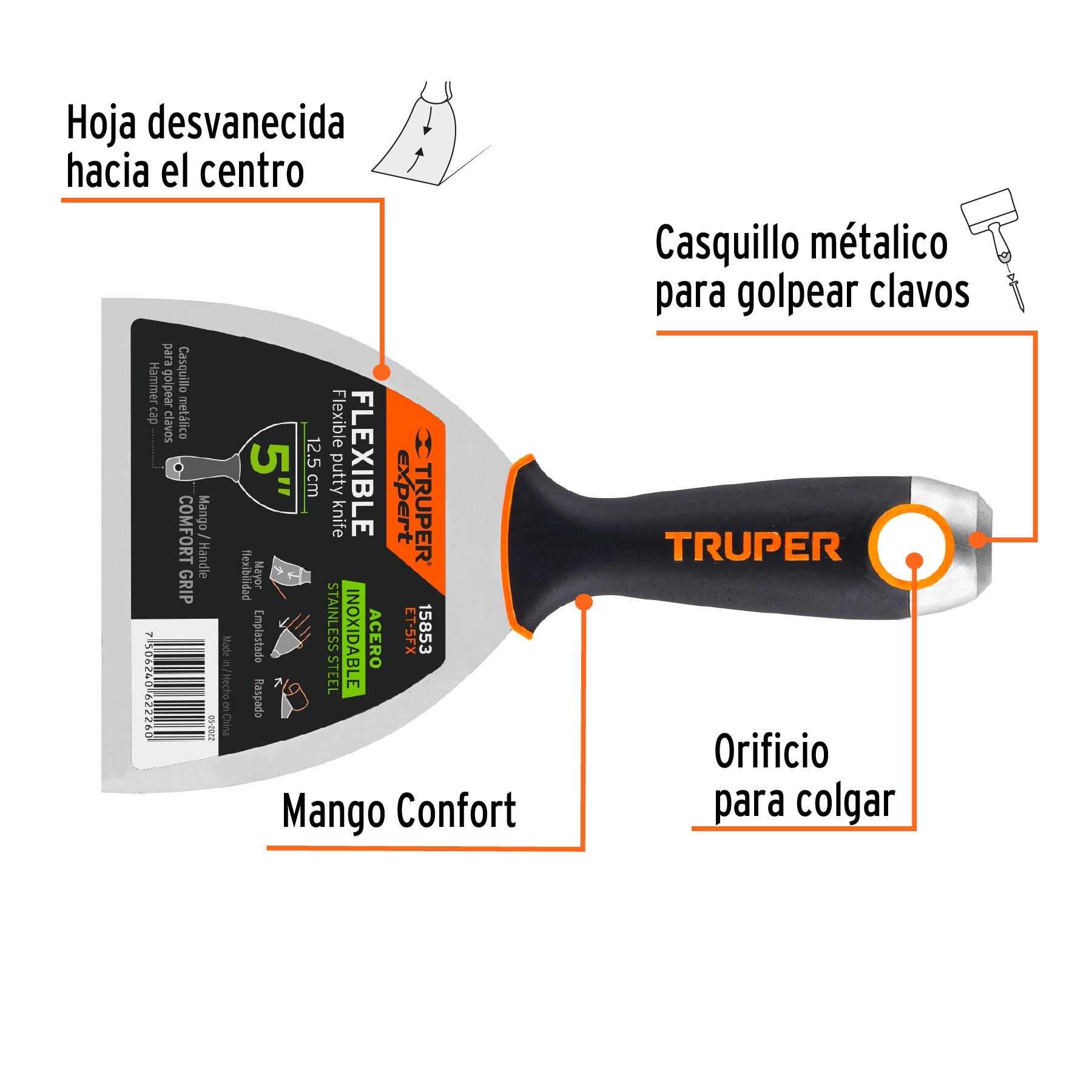 Espátula flexible 5" acero inoxidable, Comfort Grip, Truper - 15853
