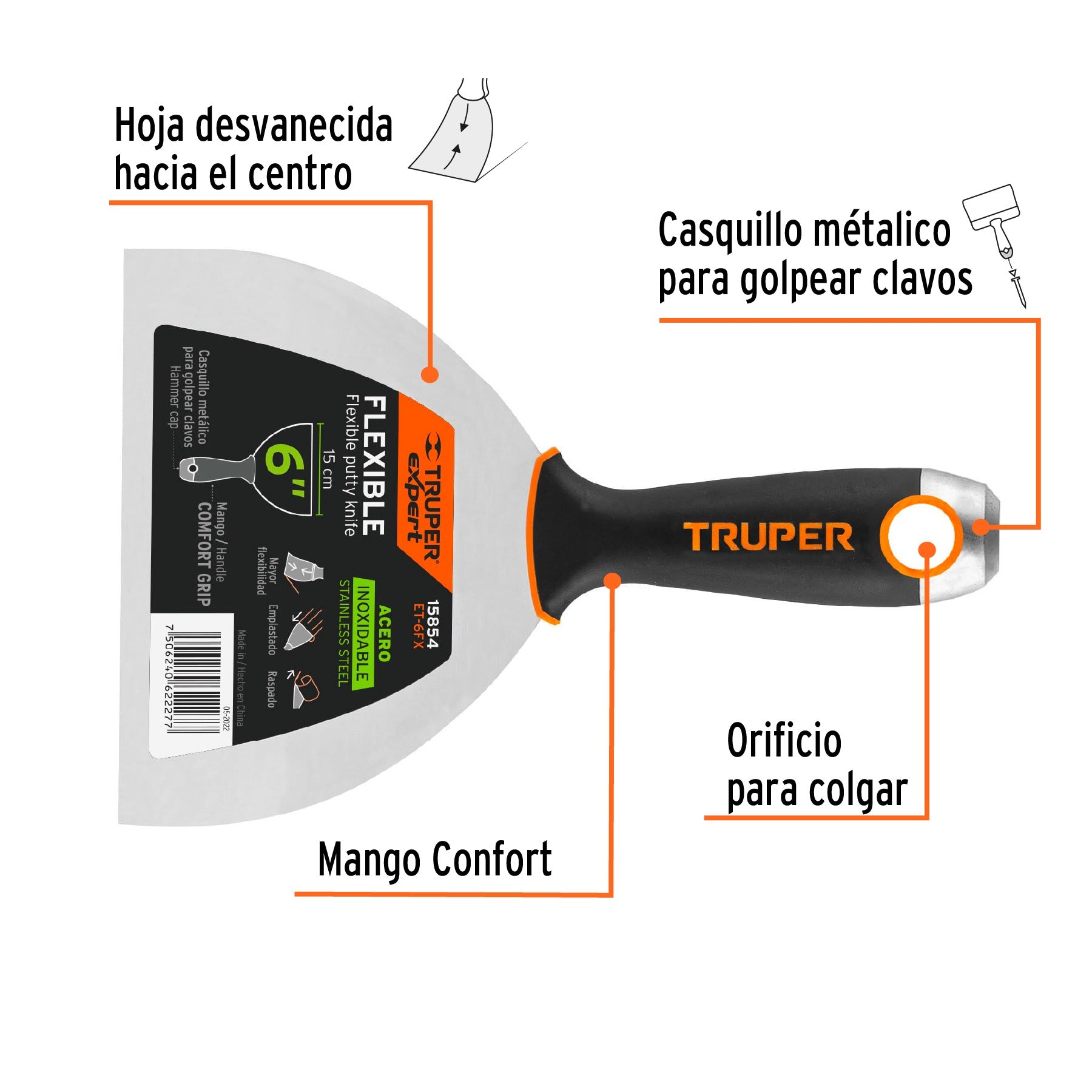 Espátula flexible 6" acero inoxidable, Comfort Grip, TRUPER - 15854