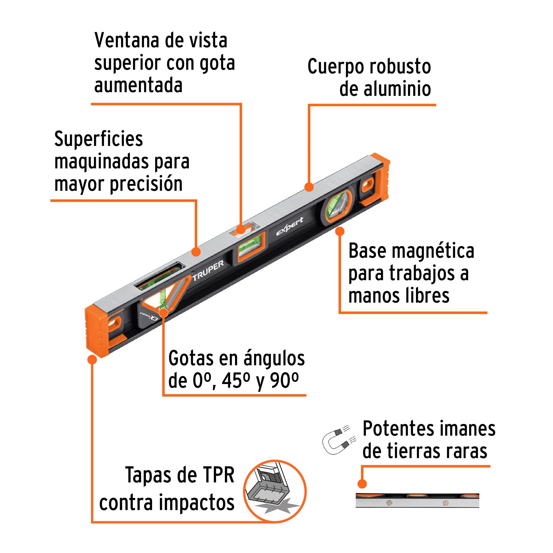 Nivel profesional magnético de 18", protección TPR, Truper - 14625