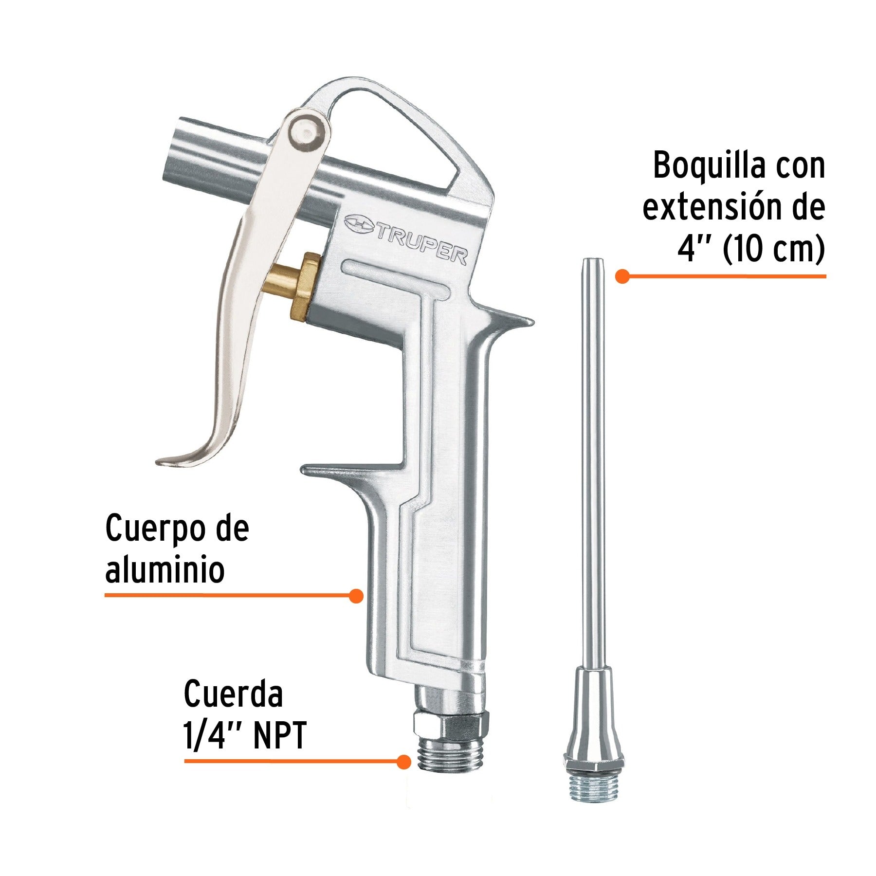 Pistola de aluminio para sopletear, boquilla ext 4",TRUPER 19235