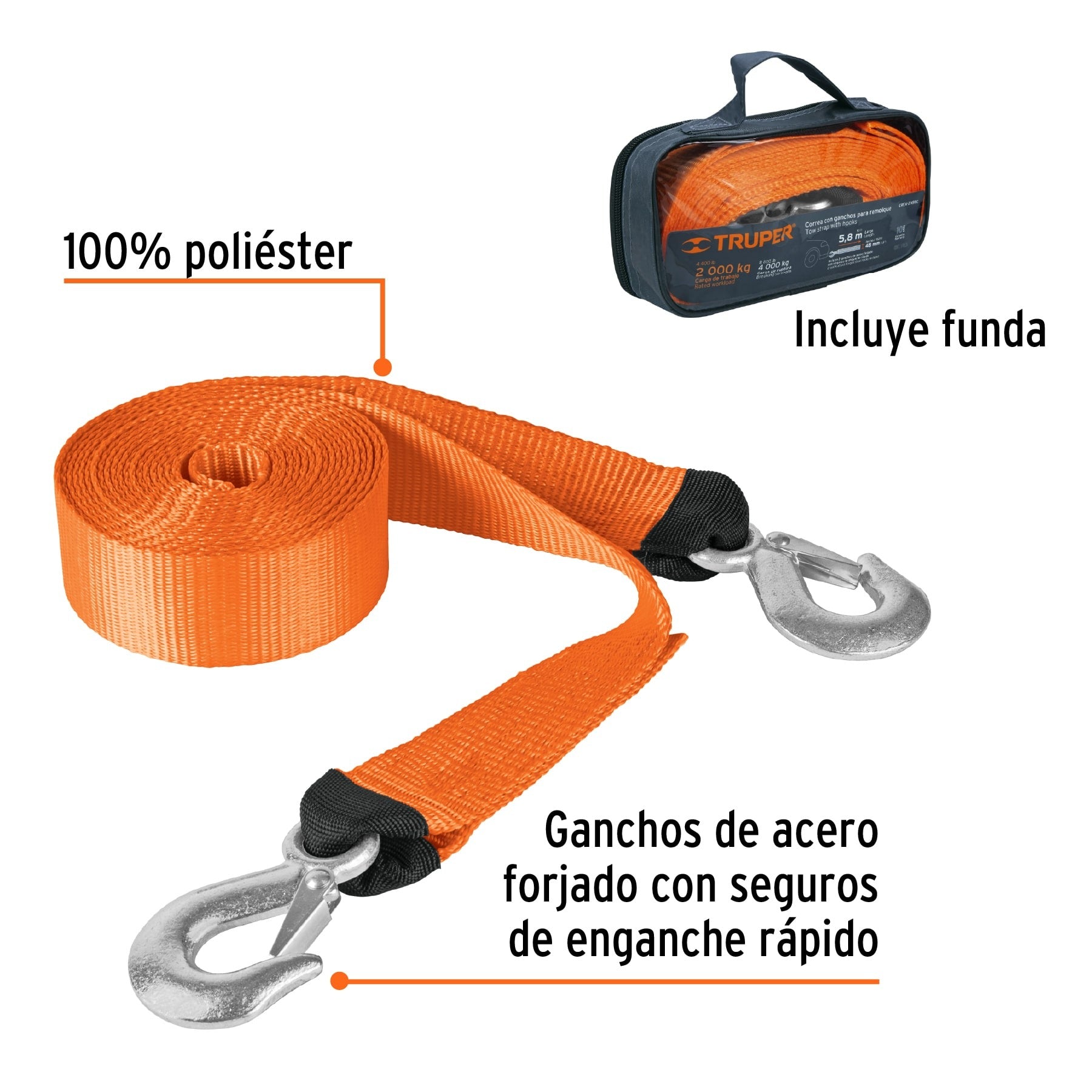 Correa con ganchos para remolque 48 mm x 5.8 m TRUPER - 18344