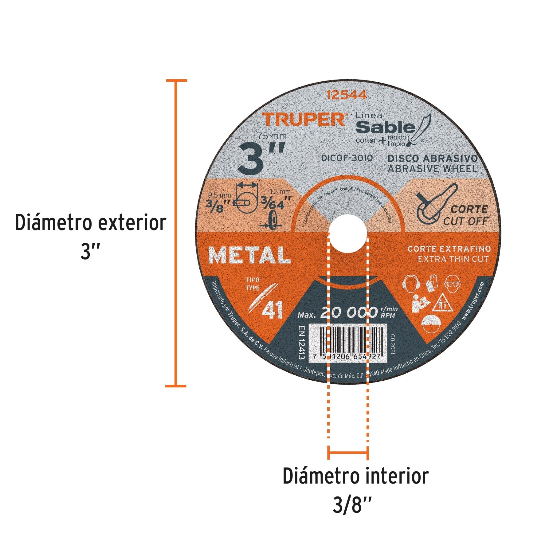 Disco Tipo 41 de 3" x 1 mm corte fino de metal, Truper - 12544