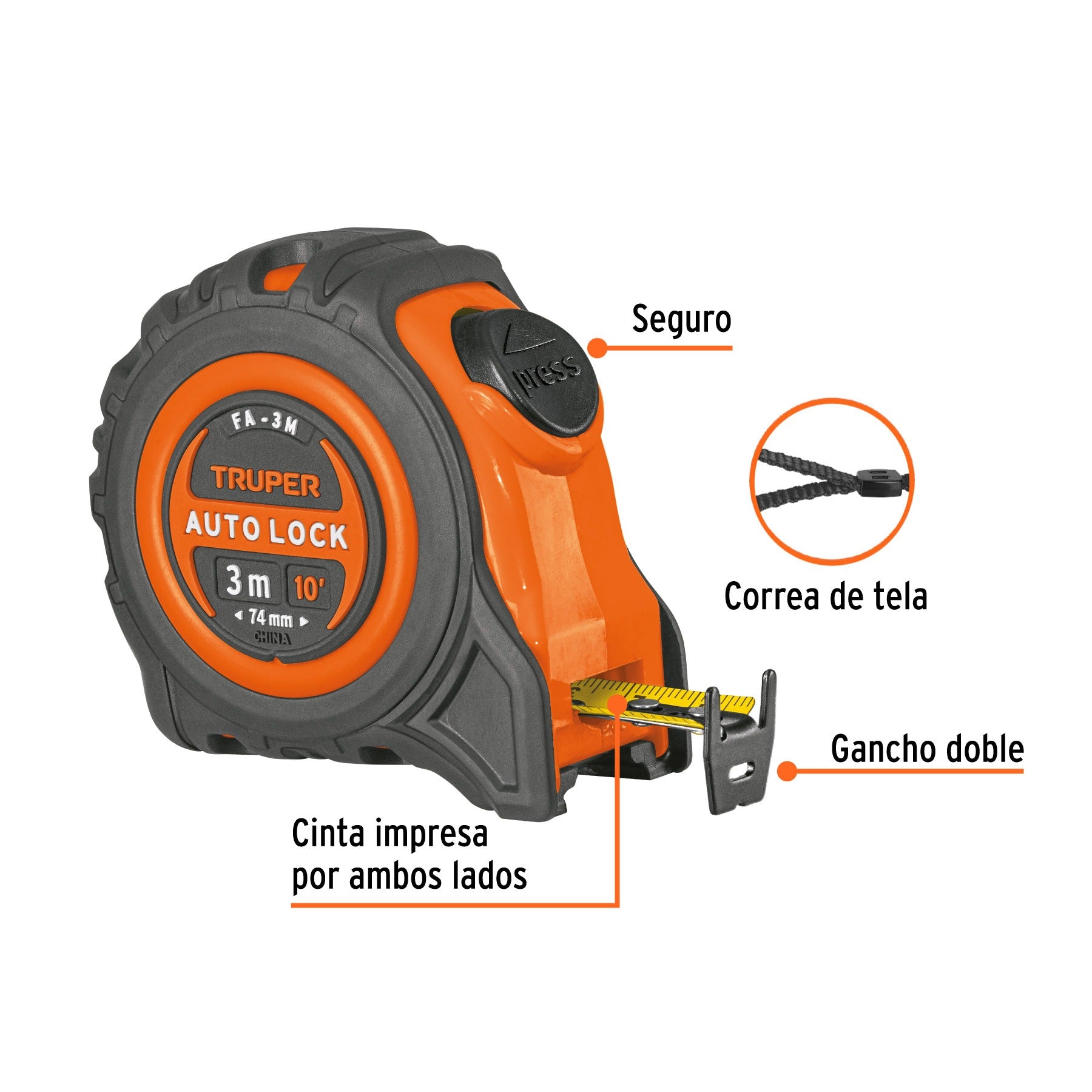 Cinta métrica Wincha Auto-Lock contra impactos 3 m cinta 16 mm, Truper - 10746