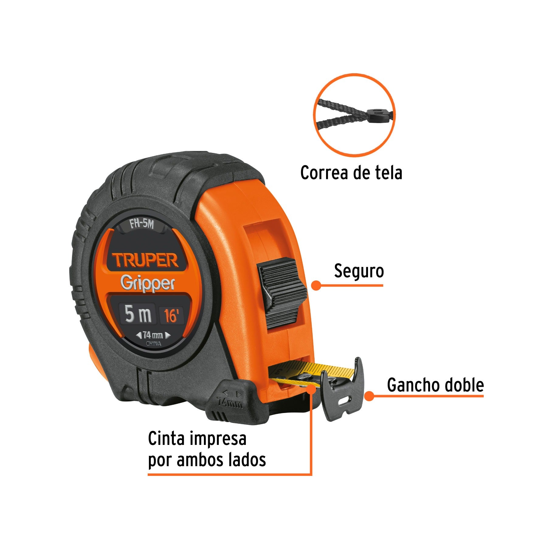 Cinta Metrica Gripper contra impactos 5m cinta 19mm Truper - 14578