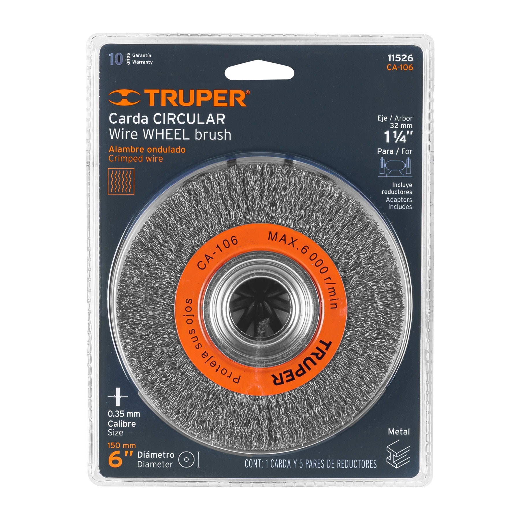 Carda alambre ondulado 6" x 1-1/8" para esmeril, TRUPER 11526