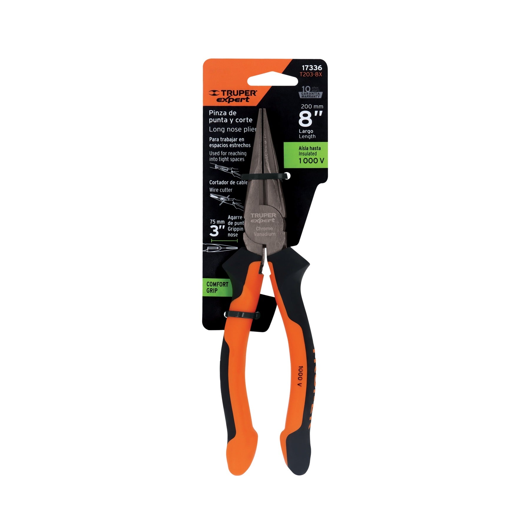 Alicate Pinza punta y corte 8" mango Comfort Grip, TRUPER - 17336