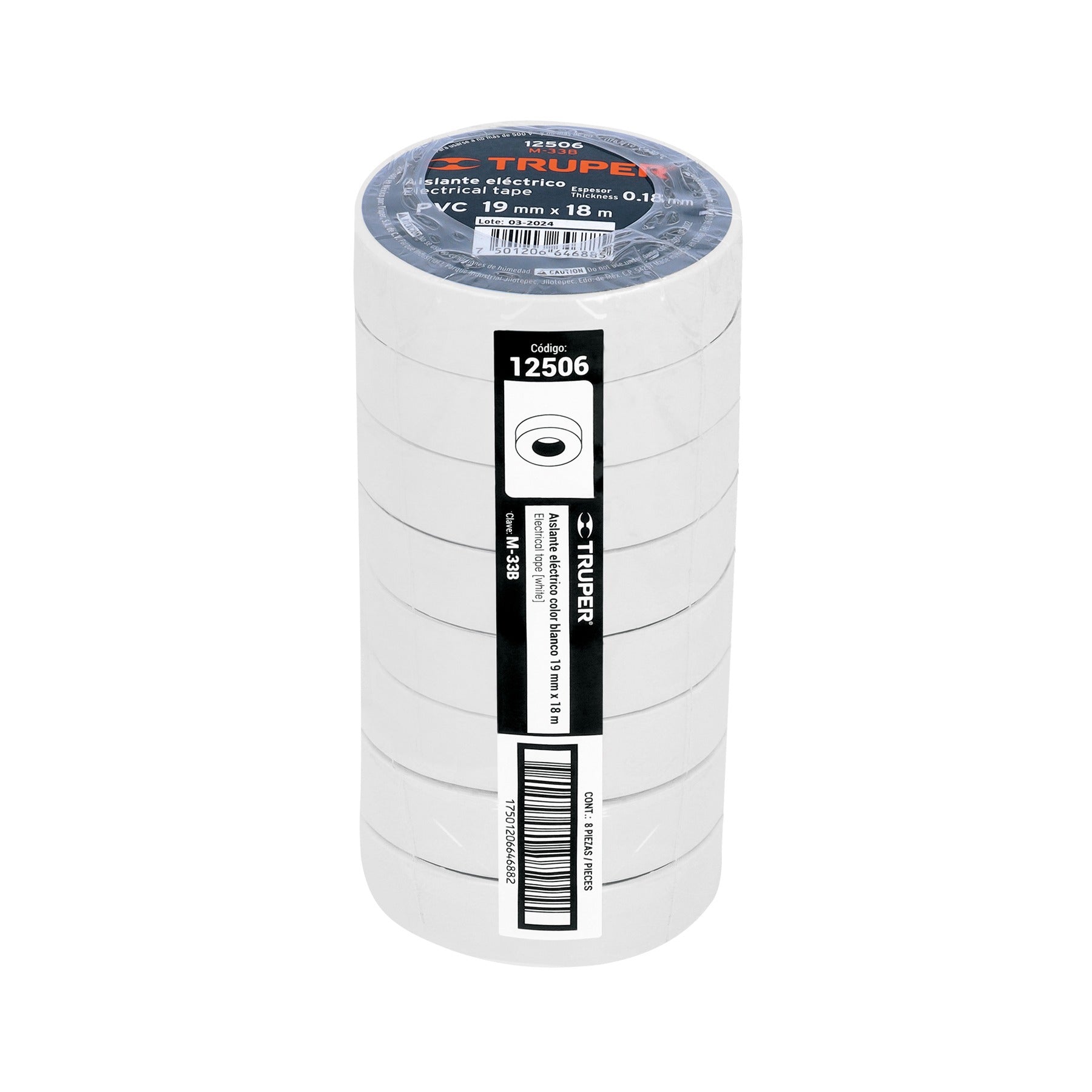 Paquete de Cintas de aislar de 18 m x 19 mm Blanca Truper 12506-8