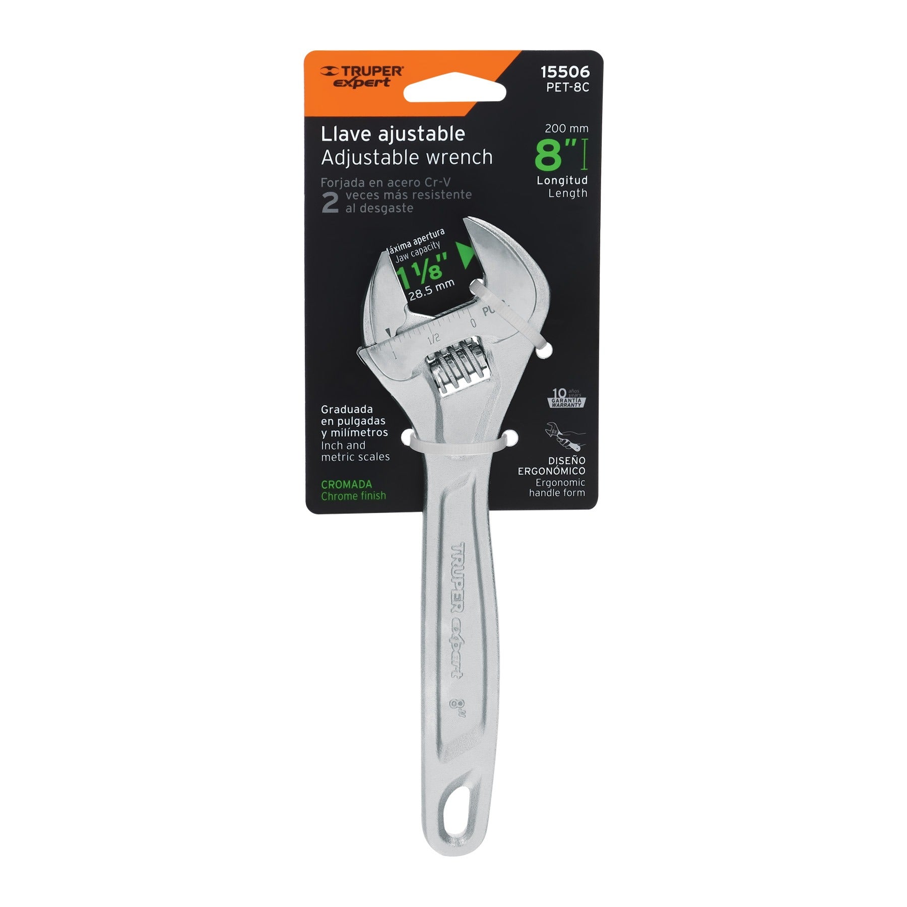 Llave ajustable (perico) 8" profesional cromada, Truper - 15506
