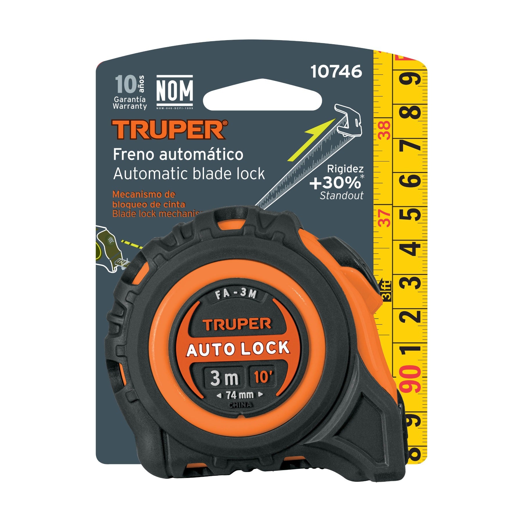 Cinta métrica Wincha Auto-Lock contra impactos 3 m cinta 16 mm, Truper - 10746