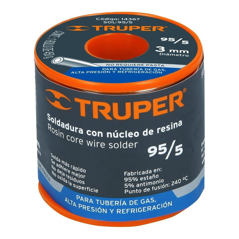 Rollo de Estaño Soldadura Con Núcleo Resina 95/5, Tubería De Gas, 450g, Truper - 14367