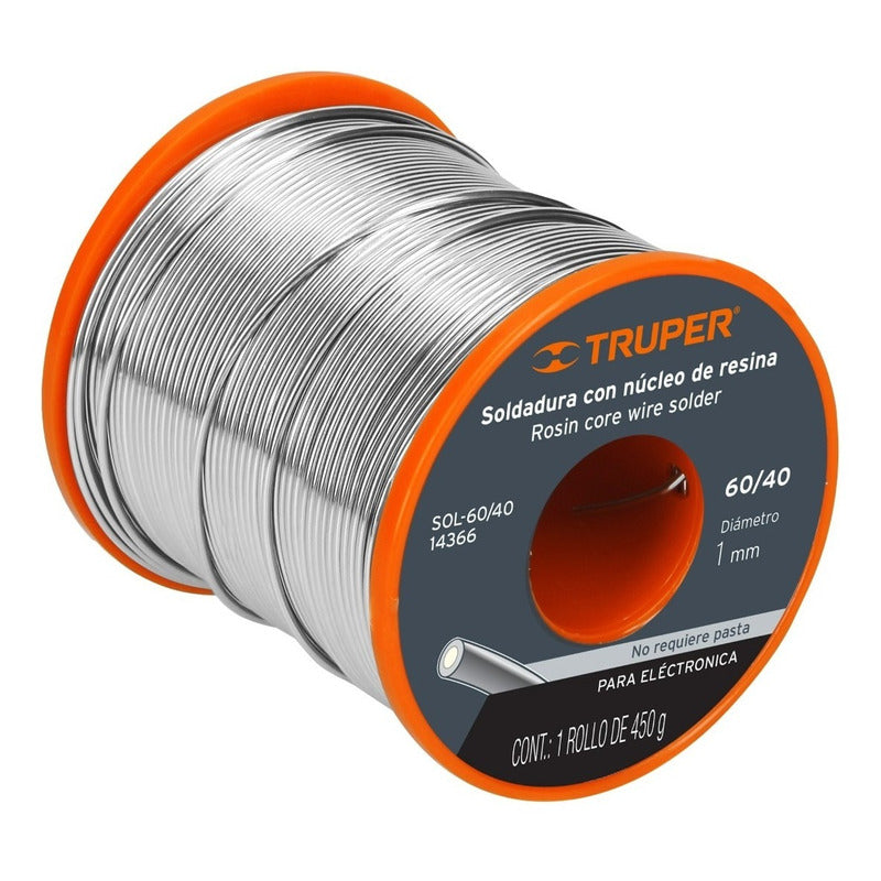 Rollo de Estaño Soldadura Con Núcleo Resina 60/40, 1mm, 450 G Truper - 14366