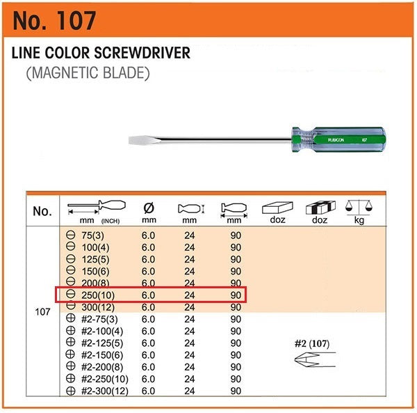 DESARMADOR 10" PLANO (-) 107-10 (1/4") RUBICON (pza) - 25897