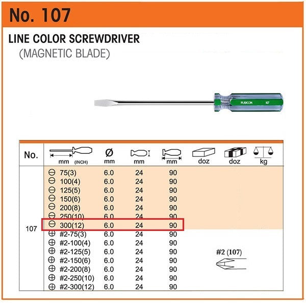 DESARMADOR 12" PLANO (-) 107-12 (1/4") RUBICON (pza) - 24579