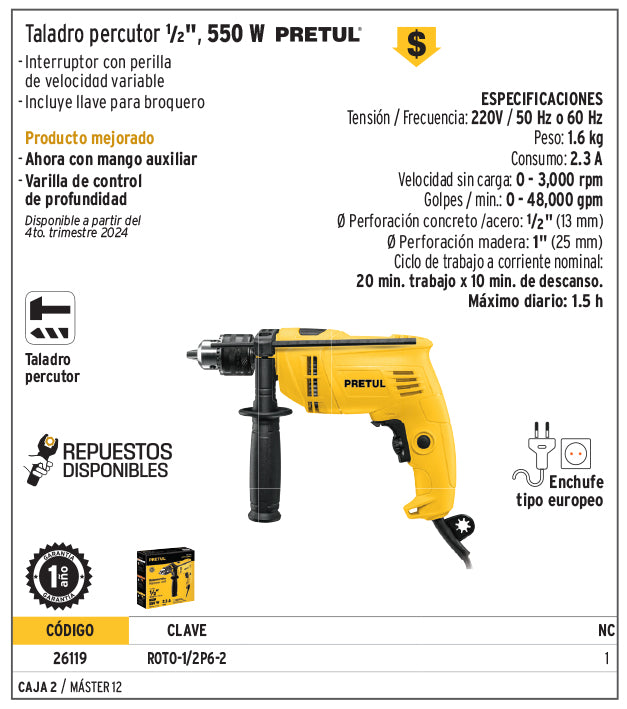 Taladro percutor 1/2", 550 W, Pretul - 26119