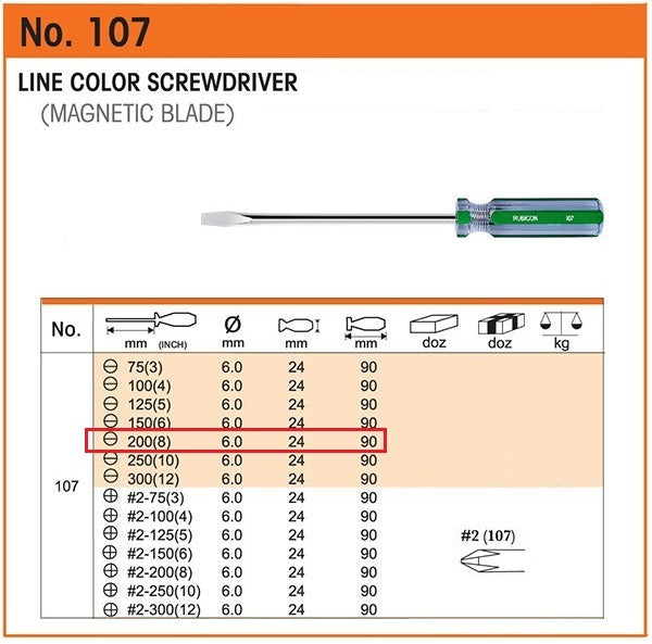 DESARMADOR 8" PLANO (-) 107-8 (1/4") RUBICON (pza) - 24652