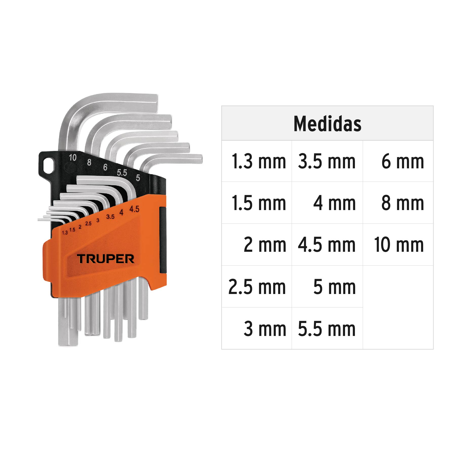 Juego 13 llaves allen mm punta hexagonal con organizador, Truper - 15542