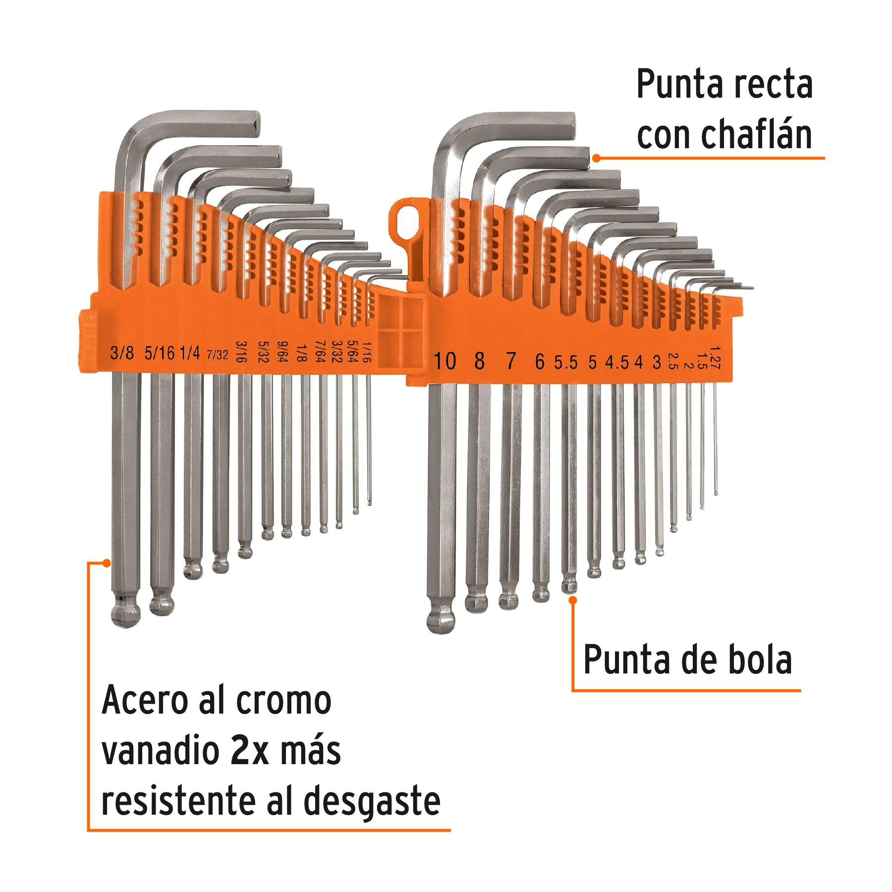Juego 25 llaves allen largas std y mm punta bola, Truper - 15572