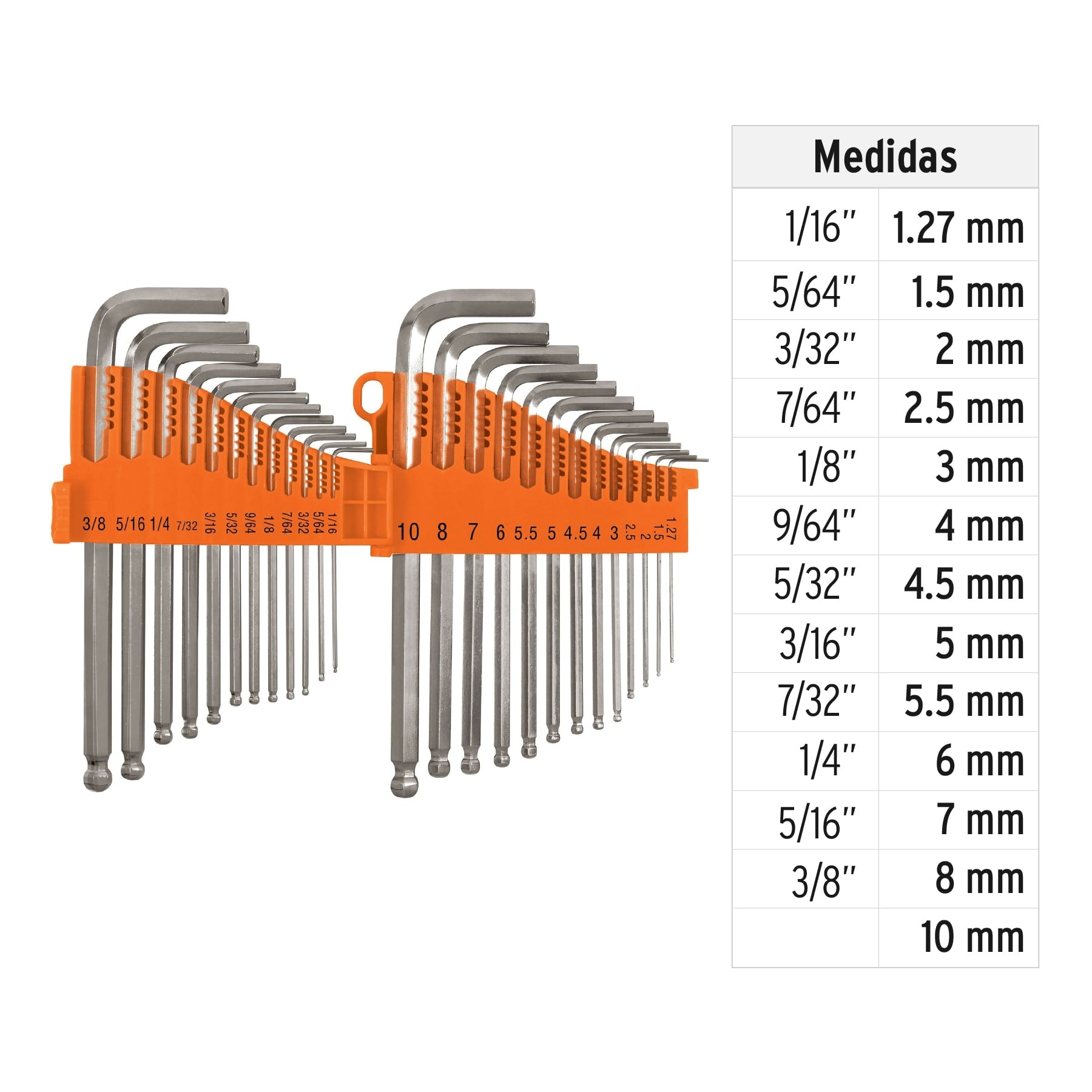 Juego 25 llaves allen largas std y mm punta bola, Truper - 15572